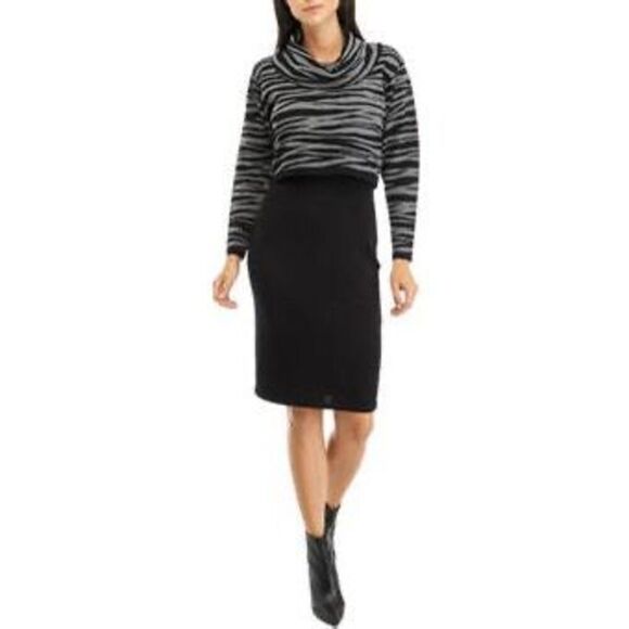 Taylor Women’s Long Sleeve Printed Grey Black Cowl Neck Sweater Sheath Dress LRG - Picture 1 of 14